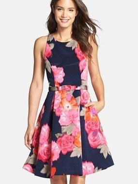 Eliza J Navy Fit-and-Flare Dress with Pink Floral Print